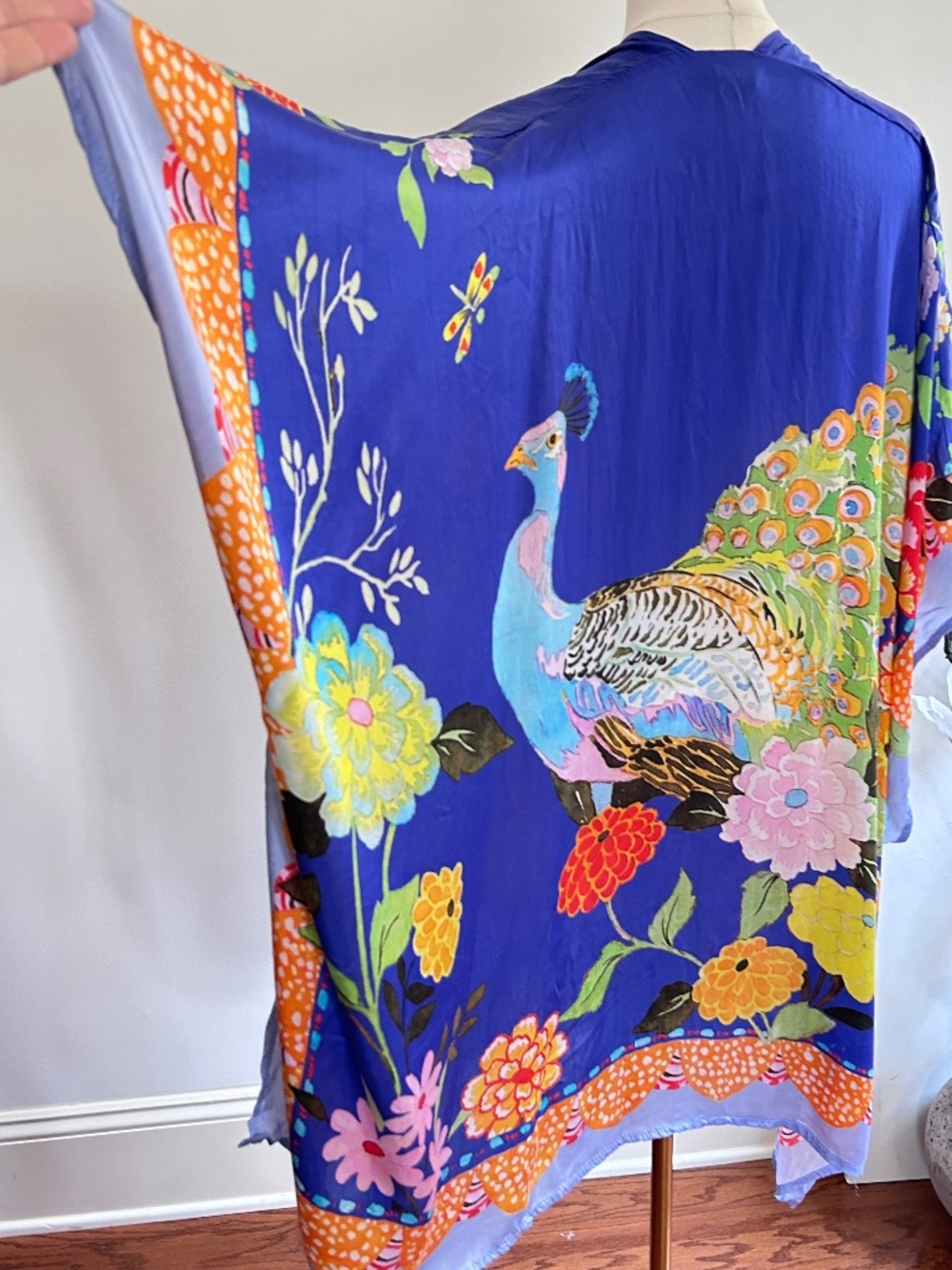 Margot Elena Peacock Floral Kimono Duster Robe OS Bemberg Silky Open Vibrant